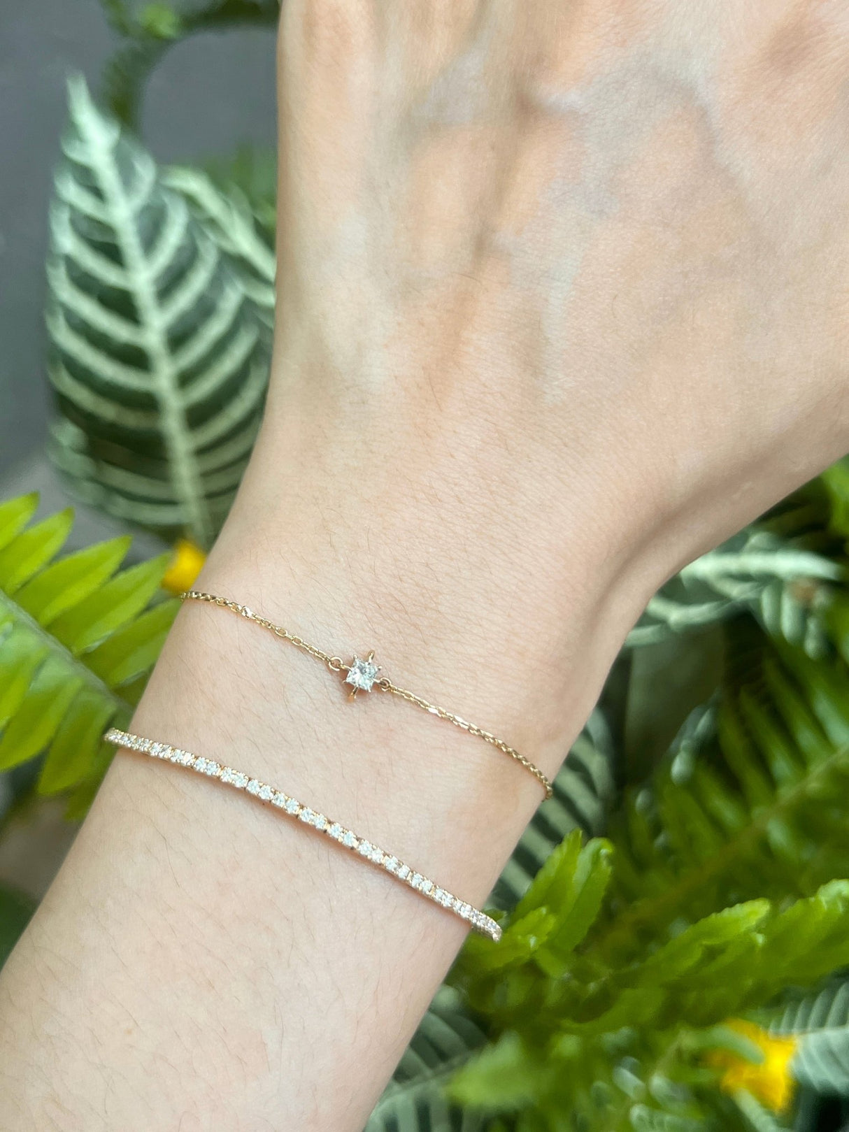 April Birthstone Diamond Bracelet 14k gold stackable design on model