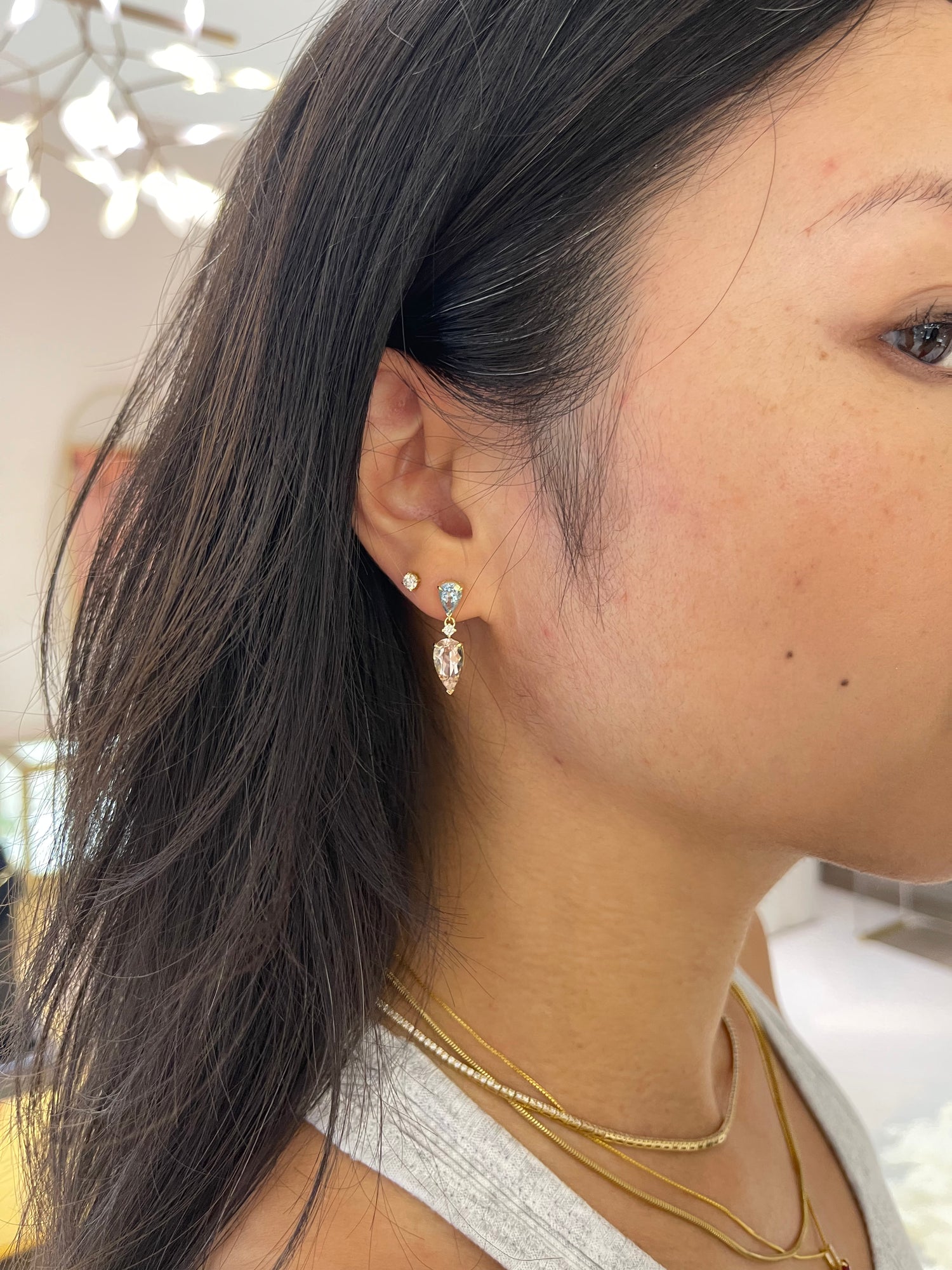 Aquamarine & Morganite Dewdrop Diamond Earrings