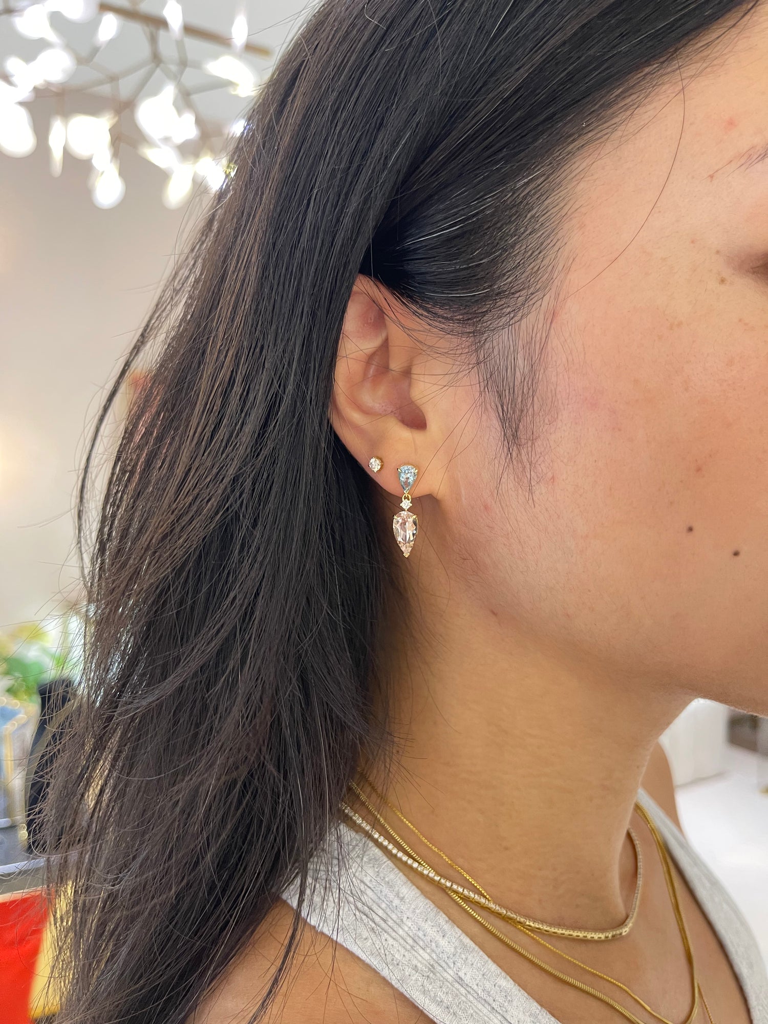 Aquamarine & Morganite Dewdrop Diamond Earrings
