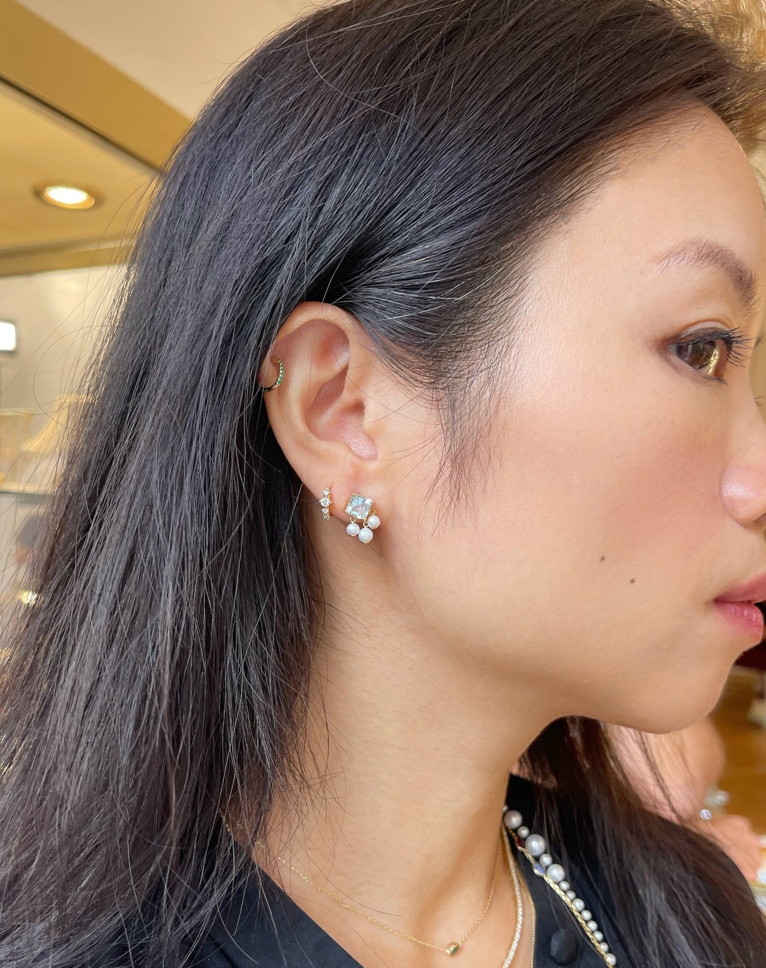 Aquamarine & Pearl Nymph Earrings on model