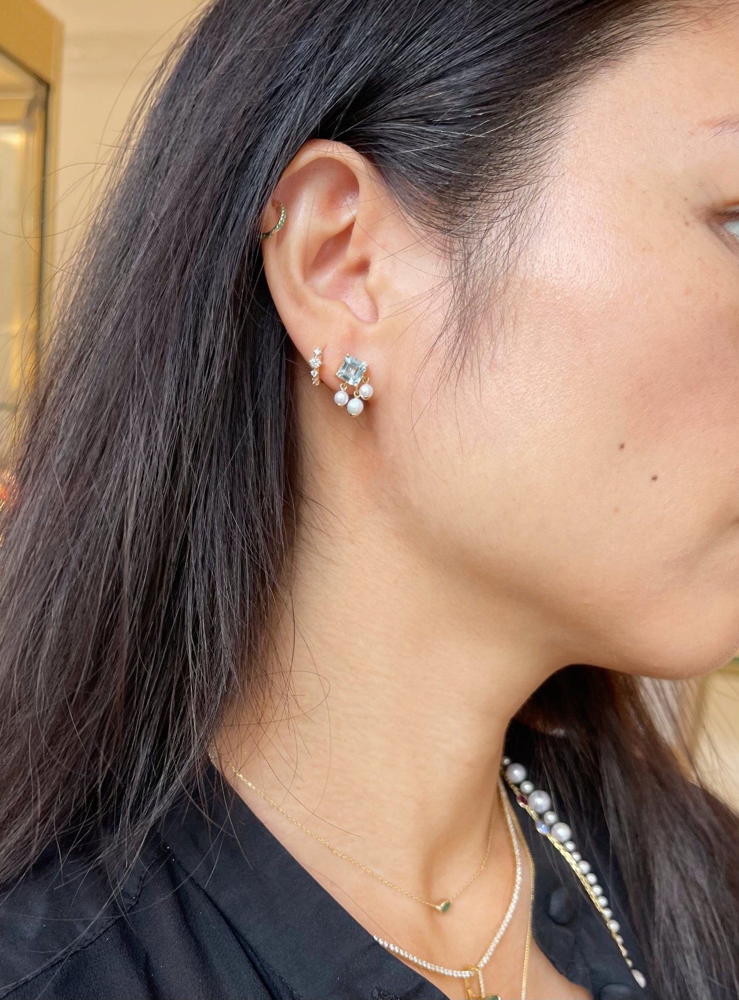 Aquamarine & Pearl Nymph Earrings on model