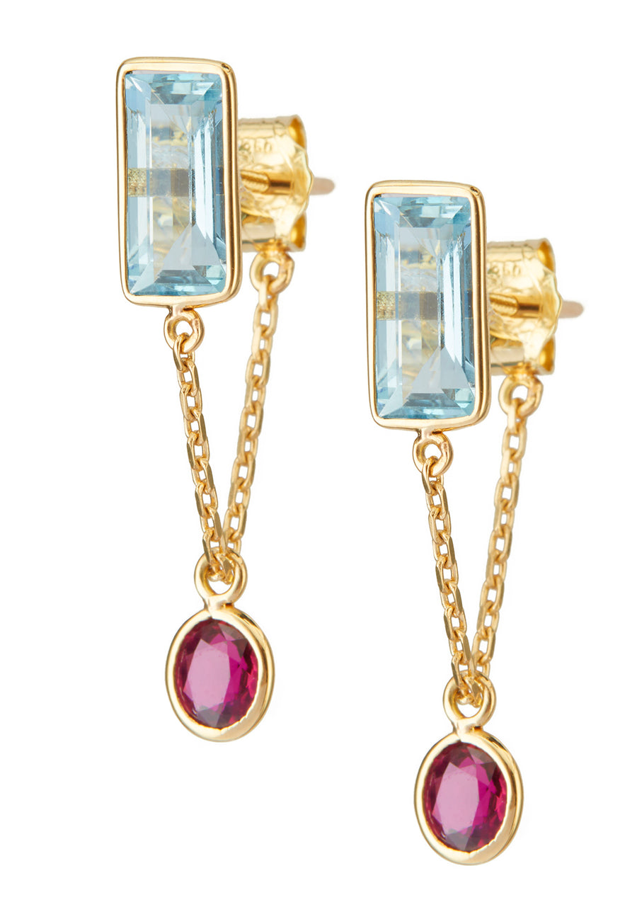 Aquamarine & Ruby Chain Earrings