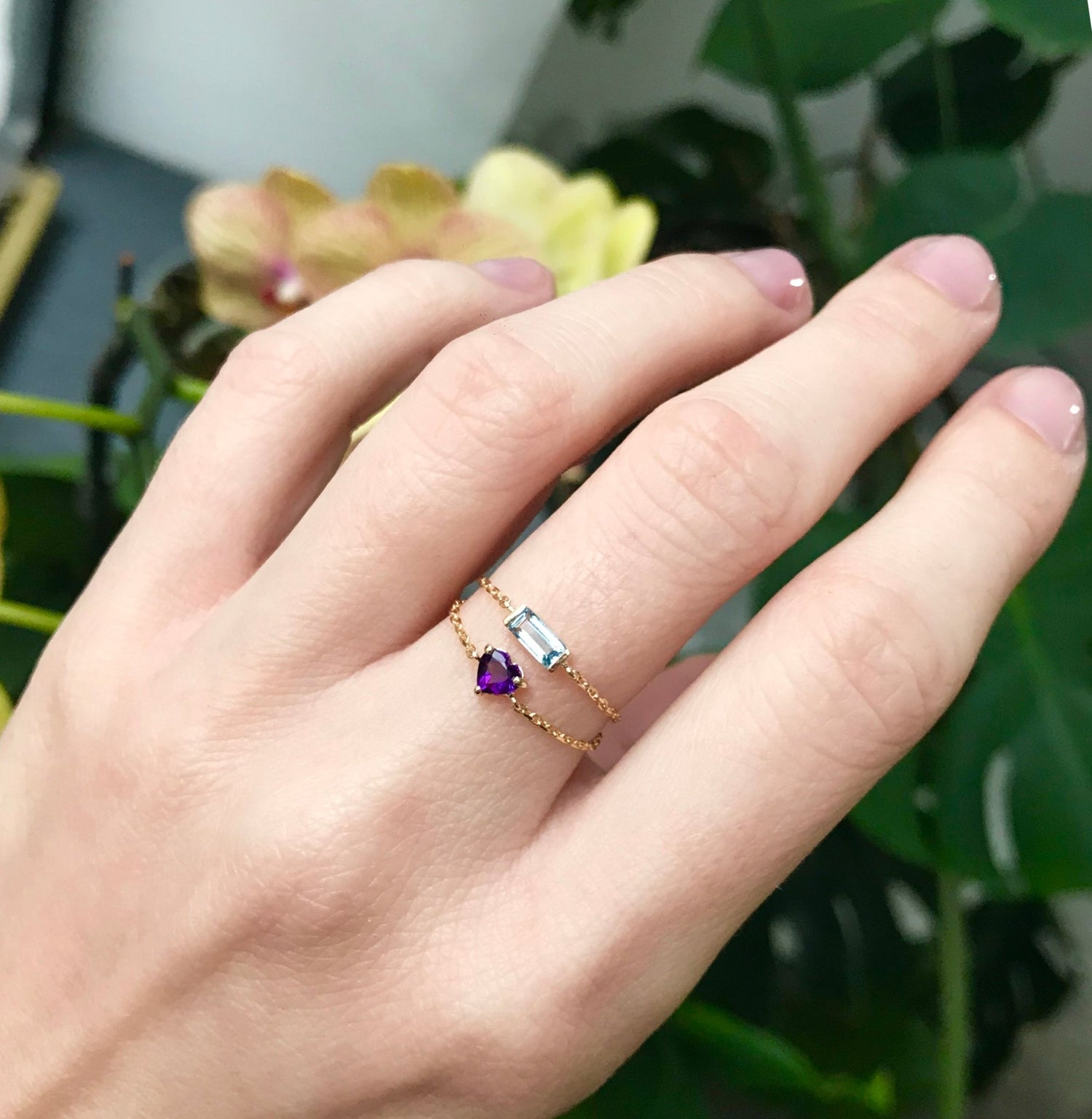 Aquamarine Baguette Chain Ring 14k gold Stackable ring on model