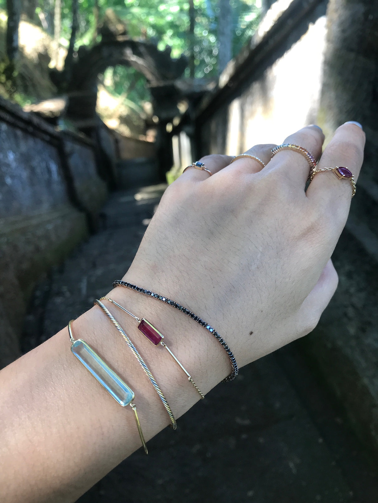 Aquamarine Bangle 18k gold stackable design on model 2