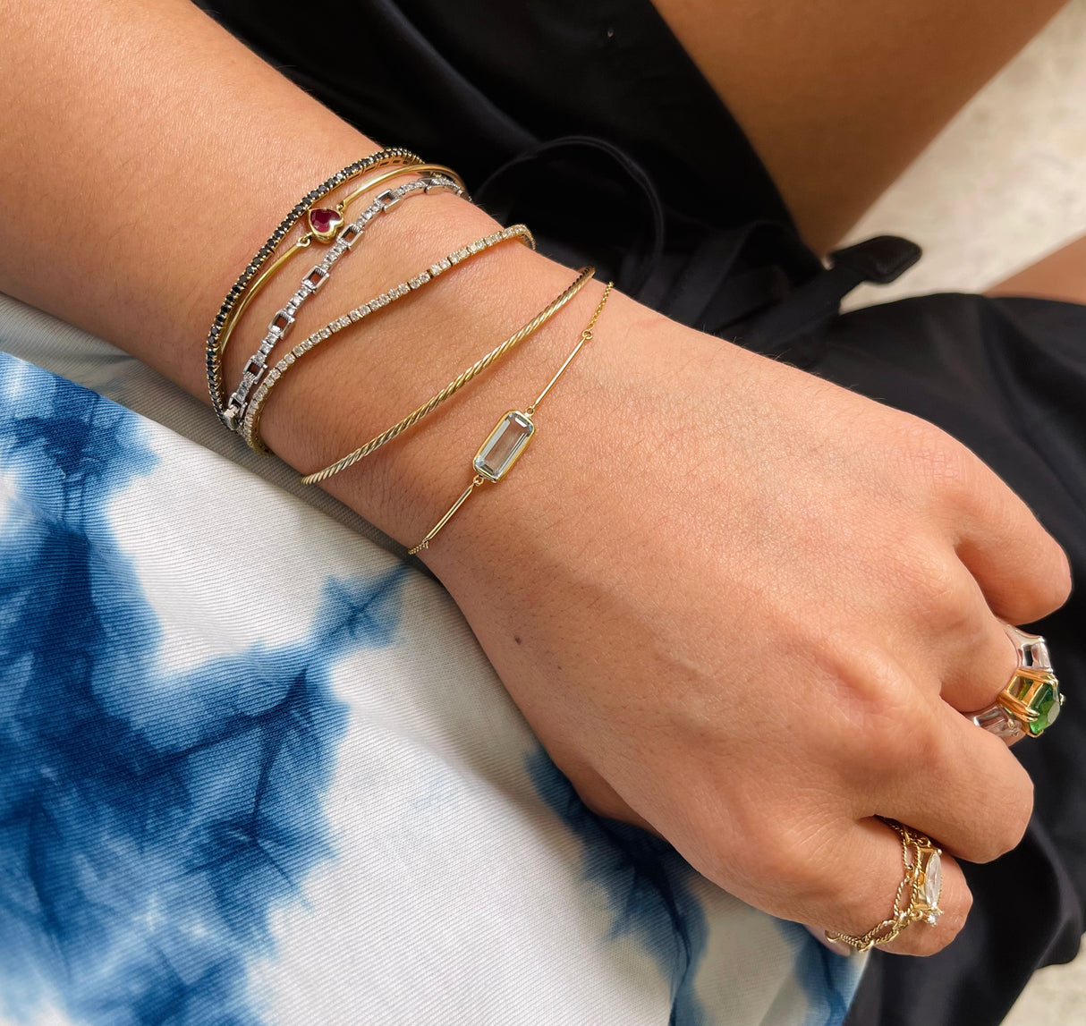 Aquamarine Bar Bracelet 18K Gold Stackable Design on model 2