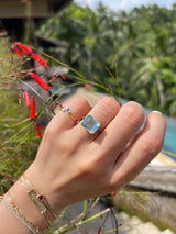 Aquamarine & Black Diamond Bar Ring 18k gold engagement ring on model