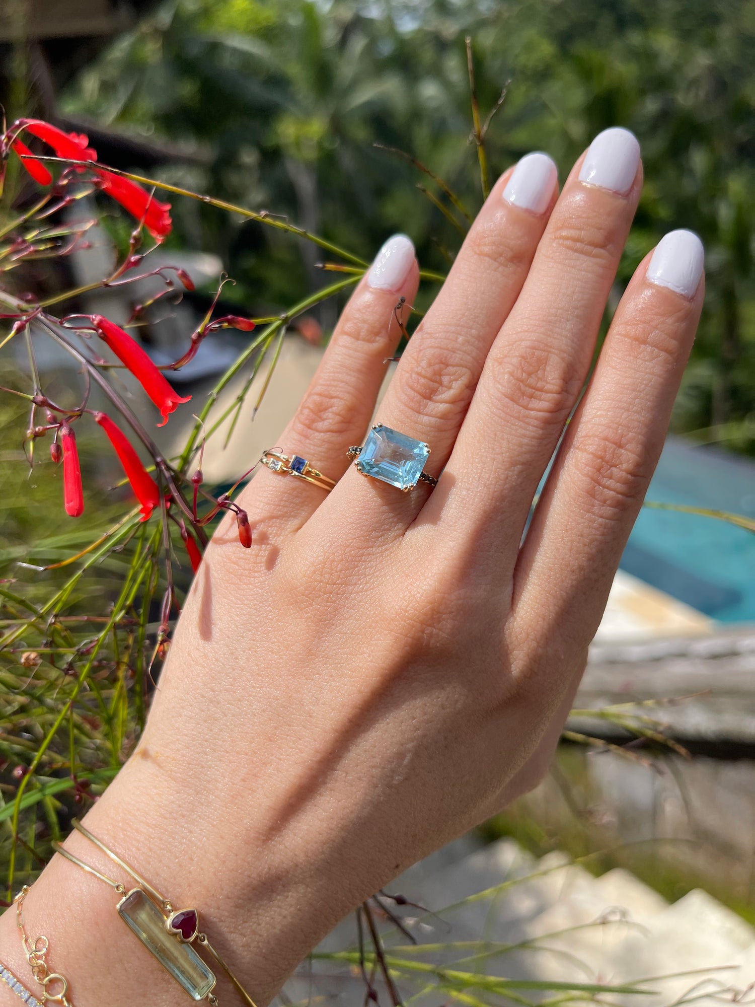 Aquamarine & Black Diamond Bar Ring 18k gold engagement ring on model