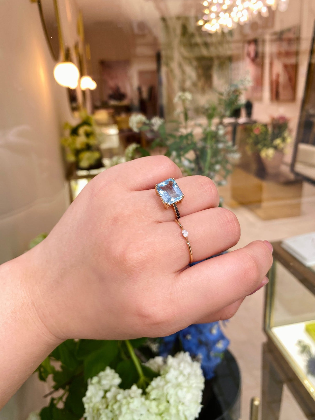 Aquamarine & Black Diamond Bar Ring 18k gold engagement ring on model