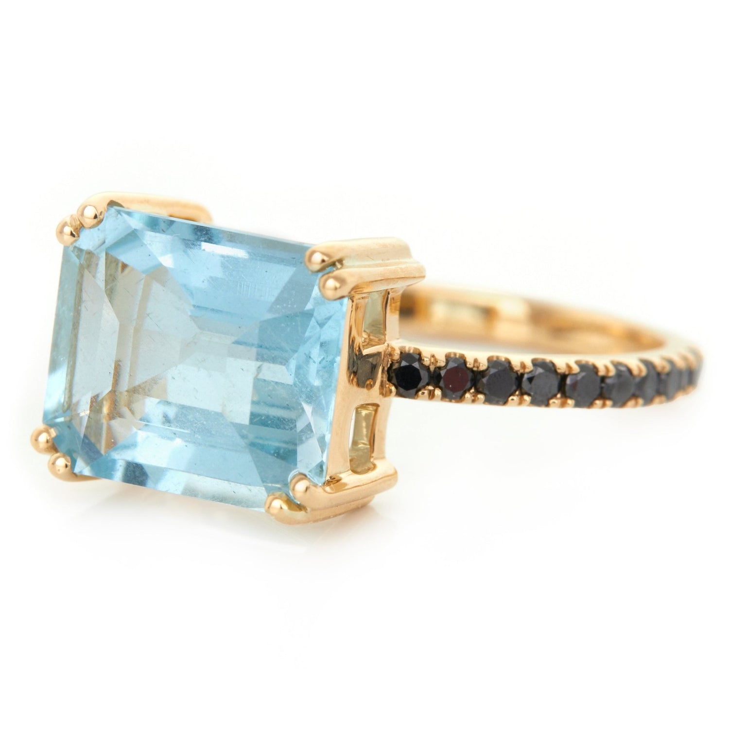 Aquamarine & Black Diamond Bar Ring 18k gold engagement ring side view