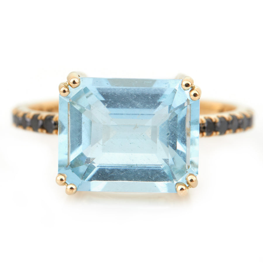 Aquamarine & Black Diamond Horizontal  Ring