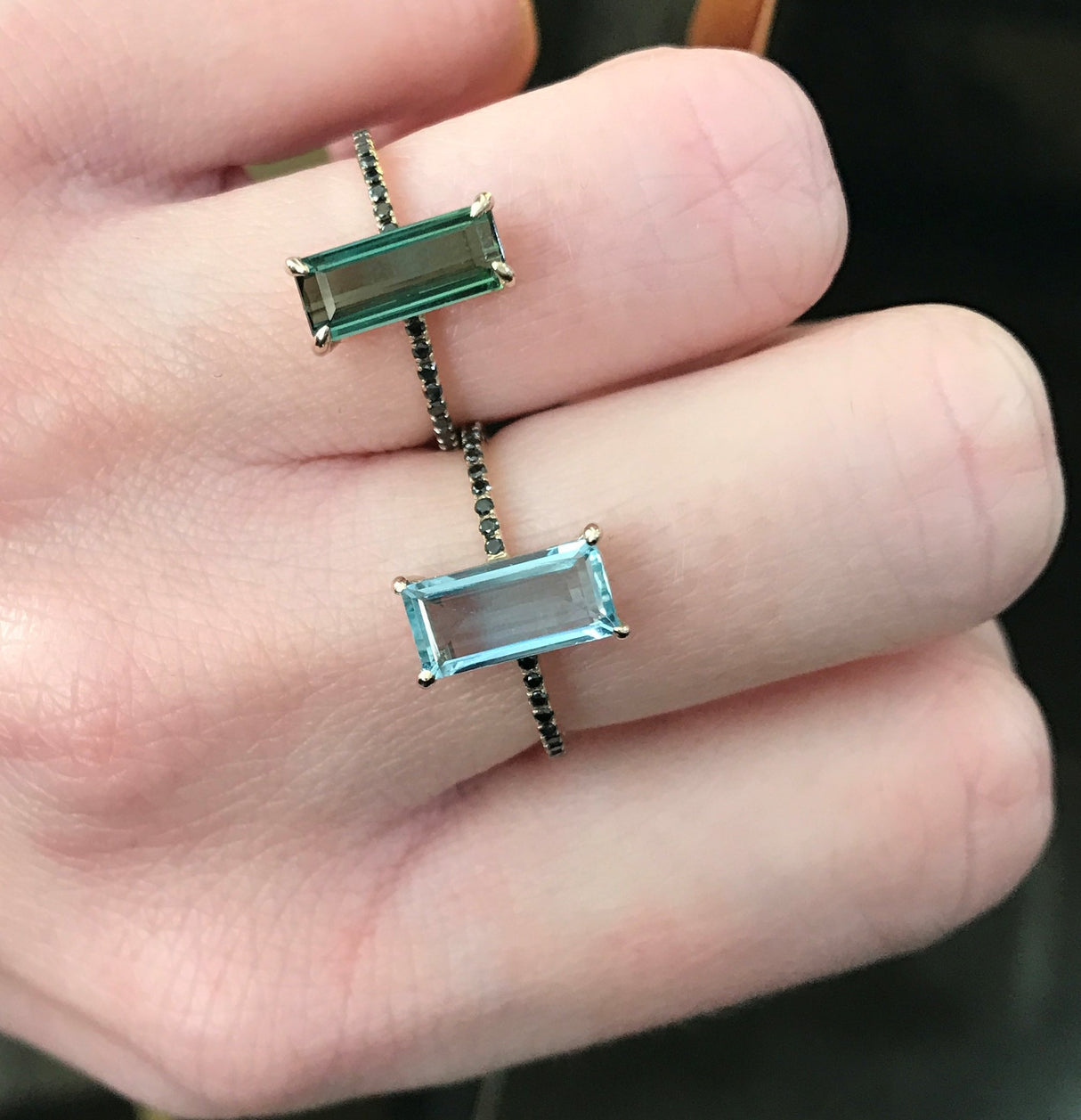 Aquamarine & Black Diamond Ring 18k gold stackable ring on model 2