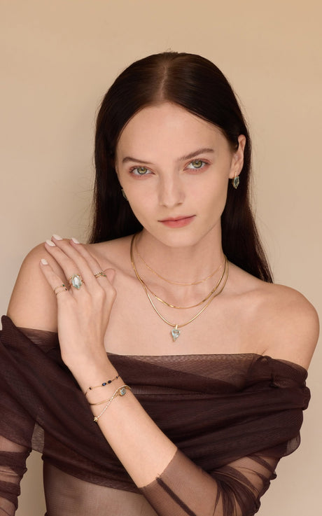 Aquamarine & Diamond Contour Bar Pendant handmade Necklace in 18k gold on model