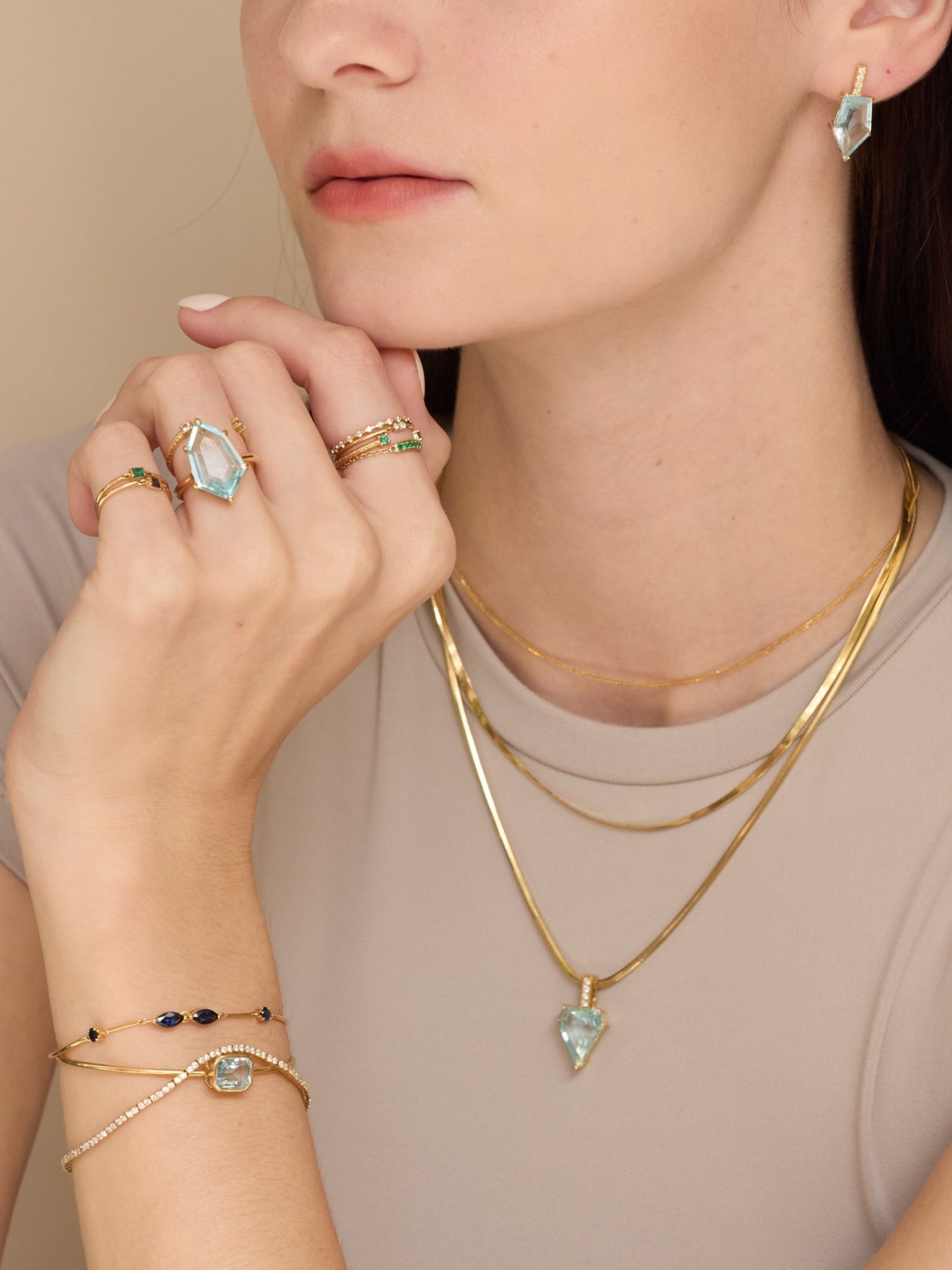 Aquamarine & Diamond Contour Bar Pendant handmade fine jewelry  Necklace in 18k gold on model 2