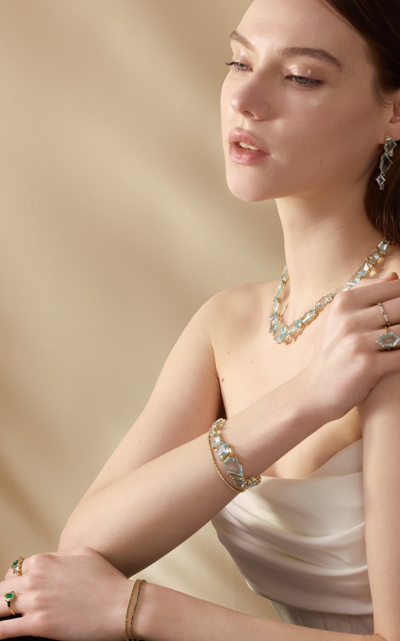 Aquamarine & Diamond Contour Bracelet 18k gold stackable design on model