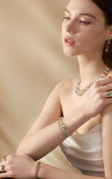 Aquamarine & Diamond Contour Bracelet 18k gold stackable design on model