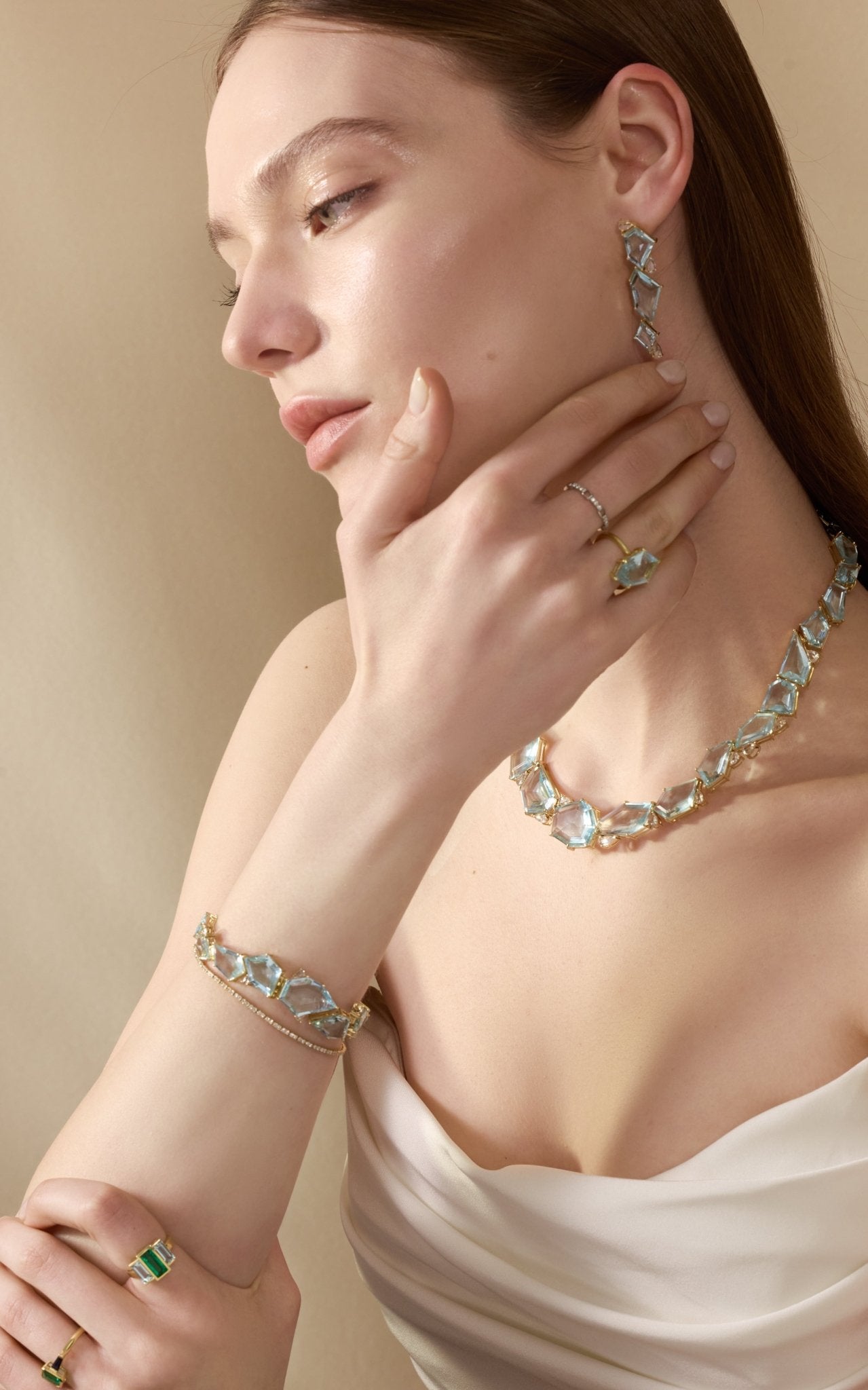 Aquamarine & Diamond Contour Bracelet 18k gold stackable design on model 2