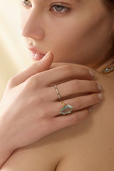 Aquamarine & Diamond Contour Polygon Ring 18k gold engagement ring on model