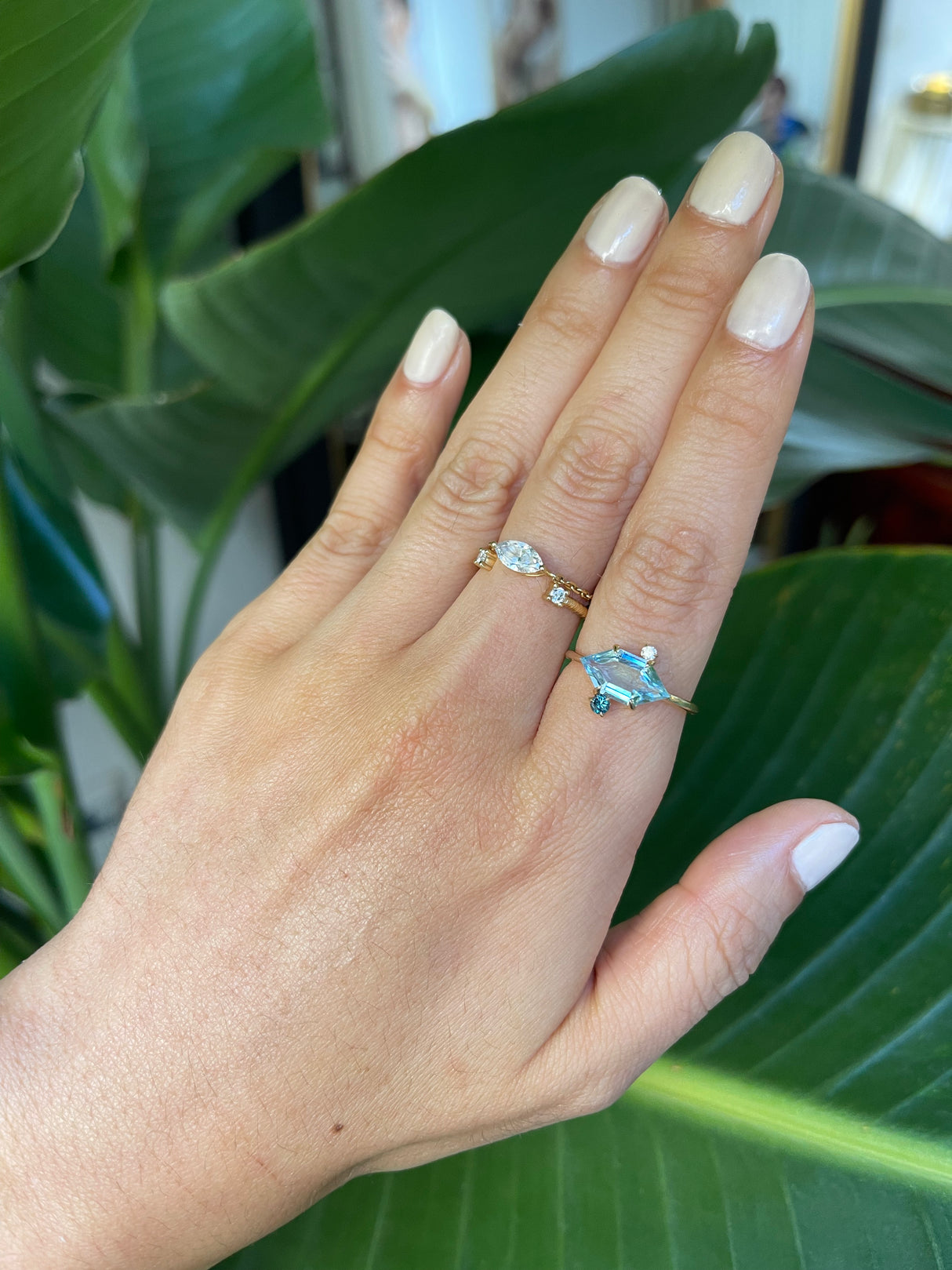 Aquamarine & Diamond Puzzle Ring 18K gold Stackable ring on model 2