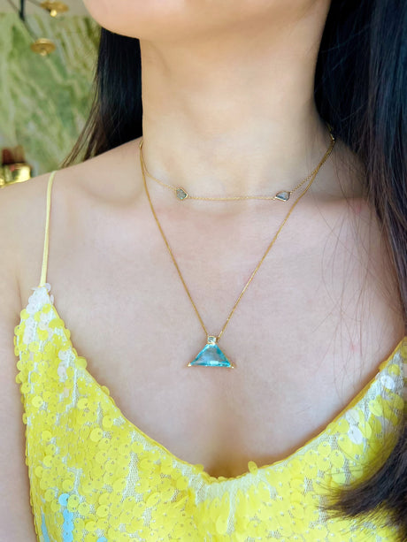 Aquamarine & Diamond Pyramid Contour handmade Necklace in 18k gold on model