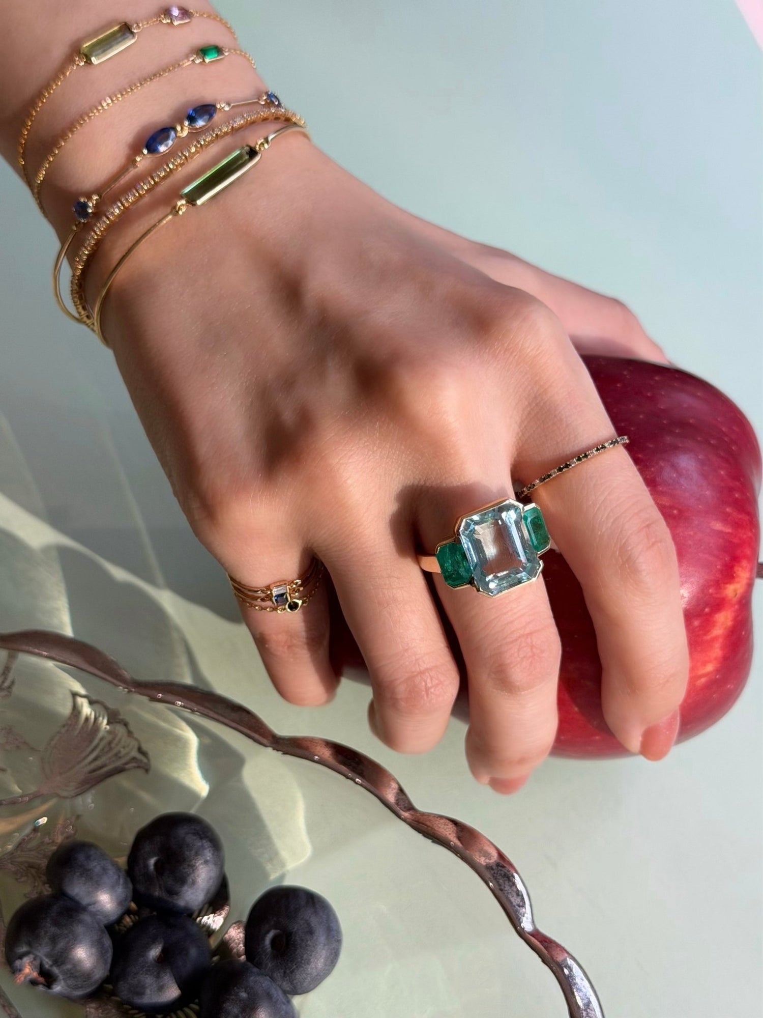 Aquamarine & Emerald Deco Spring Jumbo Ring 18k gold stackable ring on model