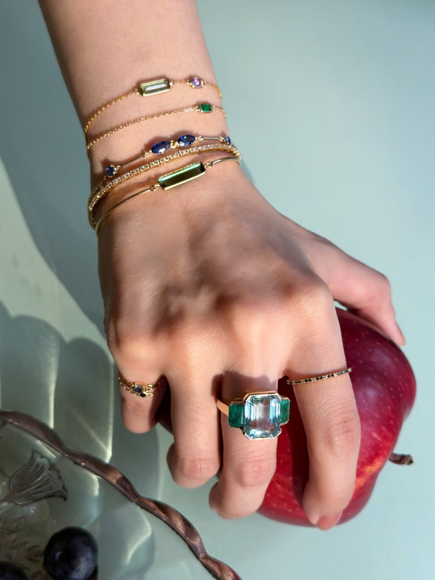 Aquamarine & Emerald Deco Spring Jumbo Ring 18k gold stackable ring on model 2