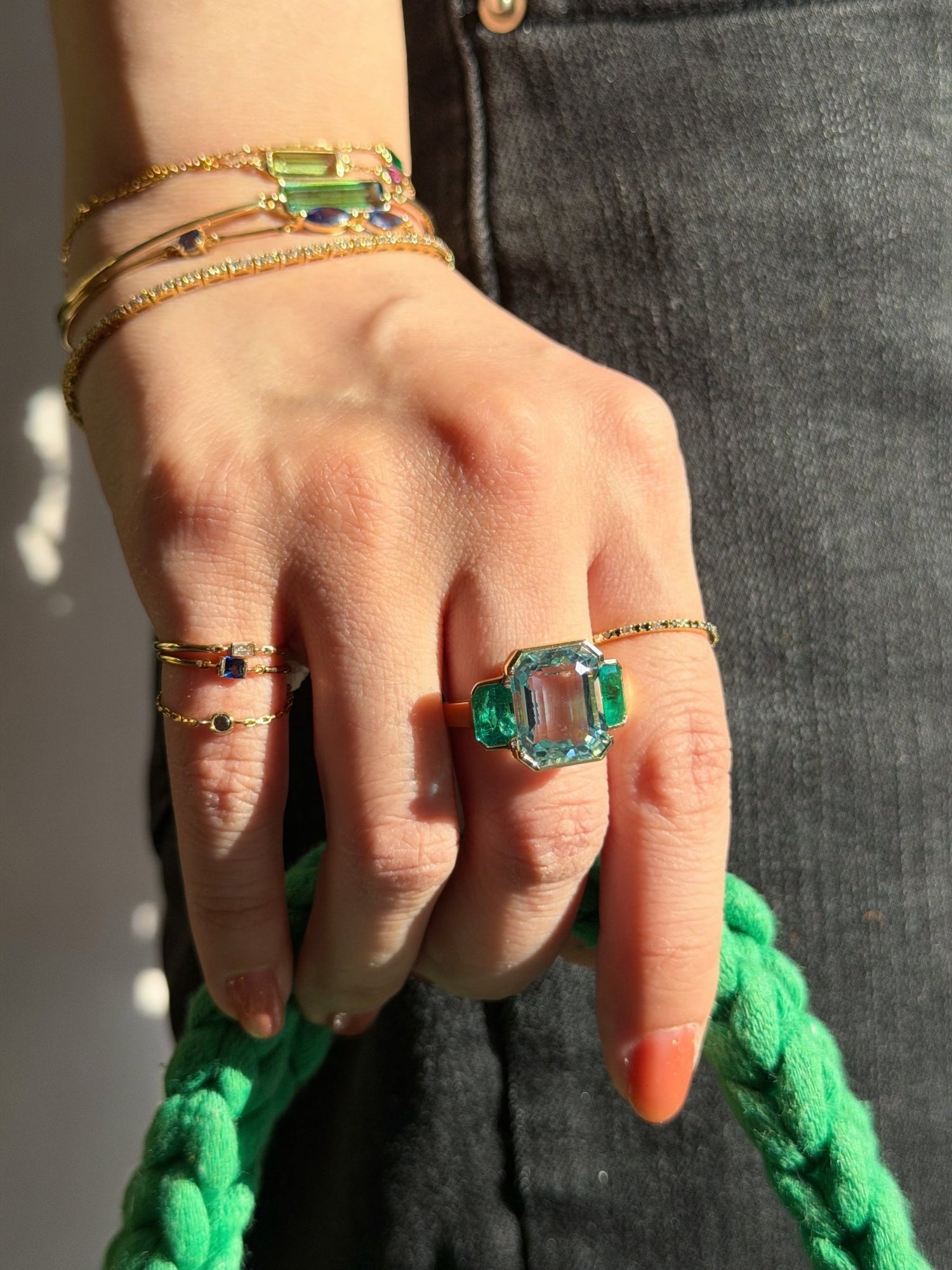 Aquamarine & Emerald Deco Spring Jumbo Ring 18k gold stackable ring on model 3