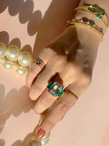 Aquamarine & Emerald Deco Spring Jumbo Ring 18k gold stackable ring on model 4