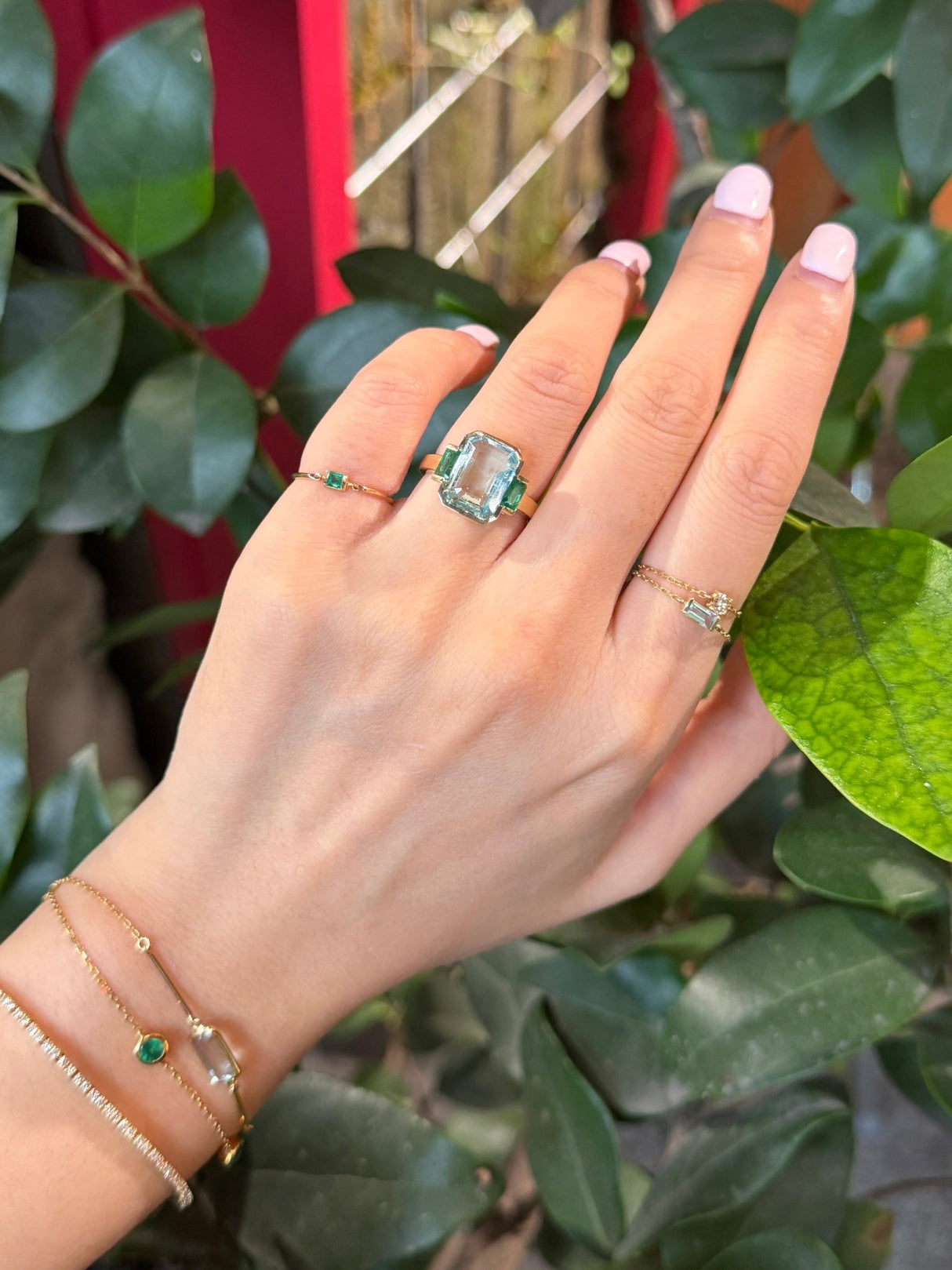 Aquamarine & Emerald Deco Spring Supreme Ring 18k gold engagement ring on model