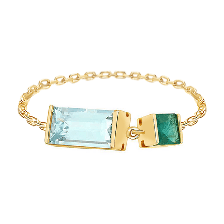 Aquamarine & Emerald Spring Chain Ring 18k gold Stackable ring