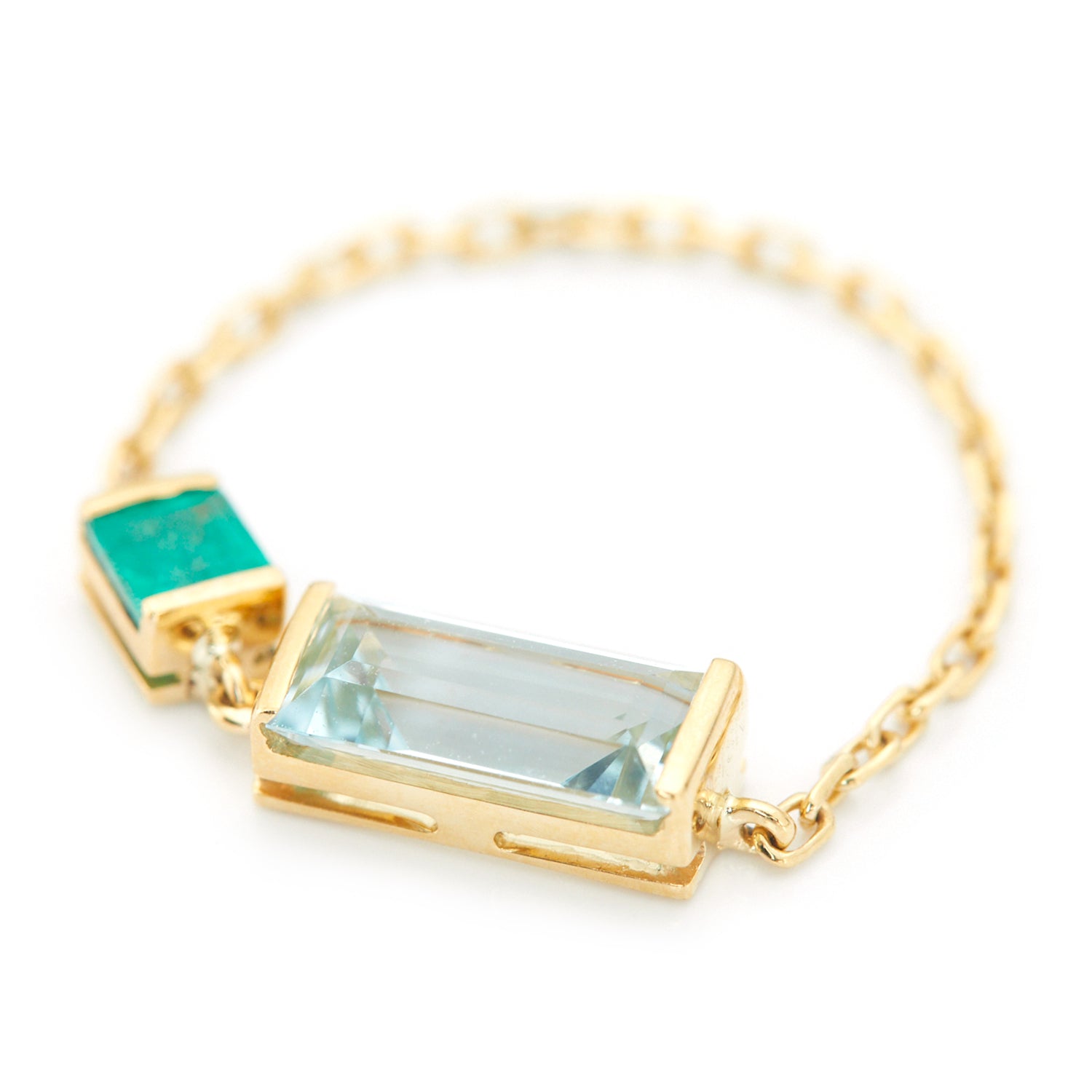 Aquamarine & Emerald Spring Chain Ring 18k gold Stackable ring side view