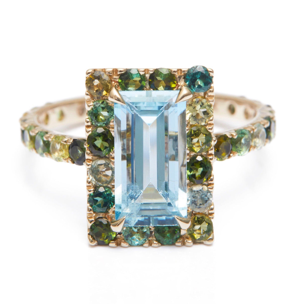 Aquamarine & Green Tourmaline Candy Ring 18k gold stackable ring