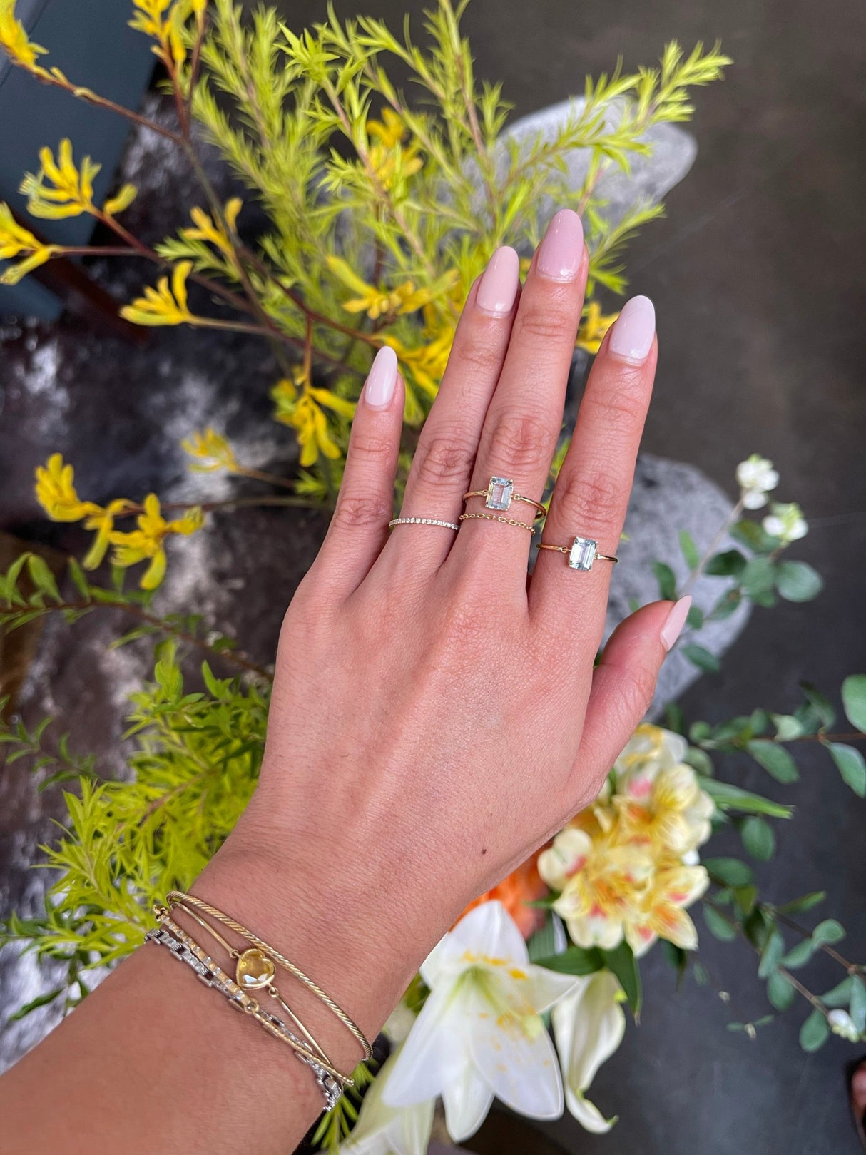 Aquamarine Ice Ring 18k gold stackable ring on model