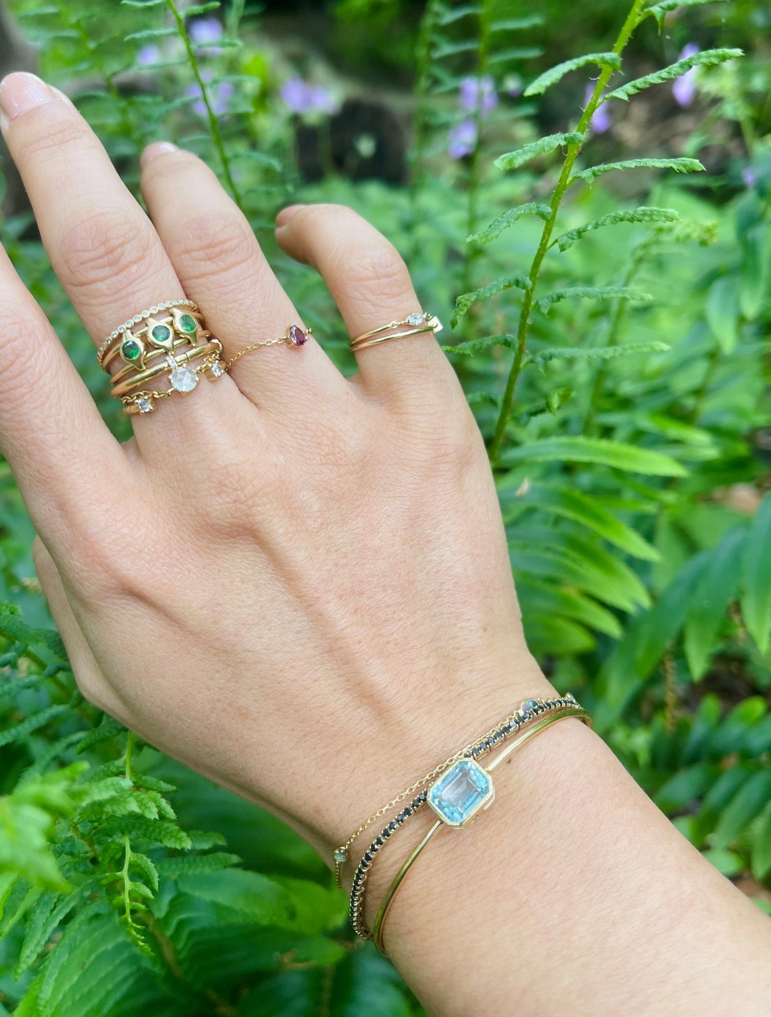 Aquamarine Linear Bangle 18k gold stackable design on model 2