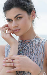 Aquamarine Neptune Pendant 18k handmade fine jewelry on model