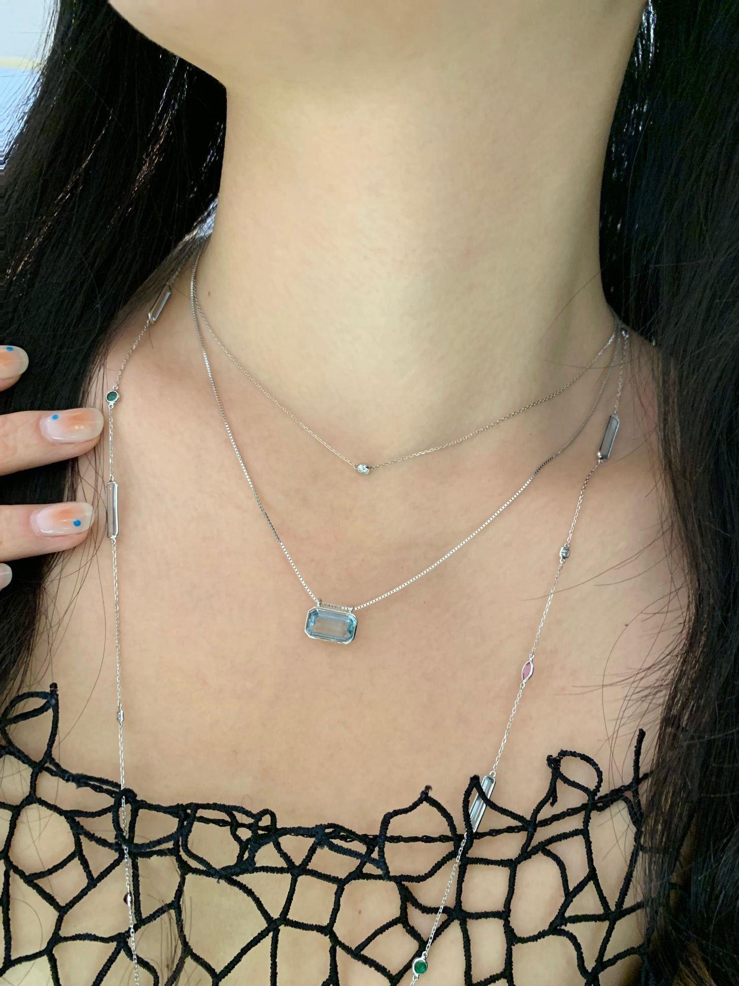 Aquamarine Nouveau handmade Necklace in 18k gold on model 3