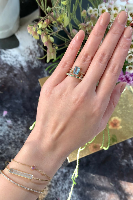 Aquamarine Petite Diamond Circle Ring 18k gold stackable ring on model