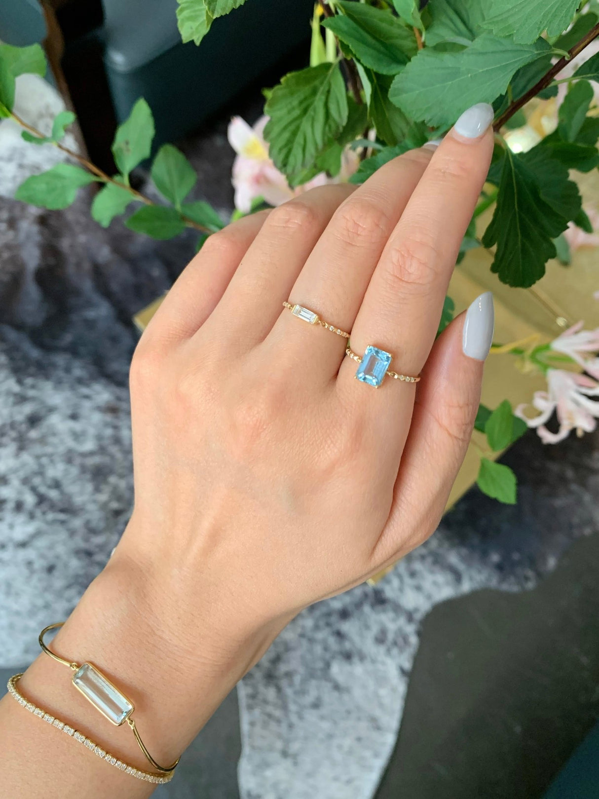 Aquamarine Petite Diamond Circle Ring 18k gold stackable ring on model 3
