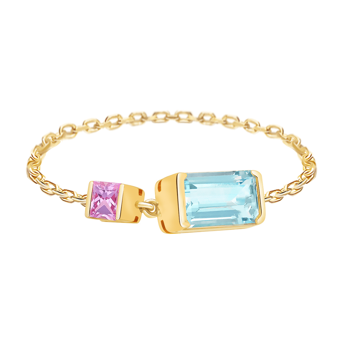 Aquamarine & Pink Sapphire Chain Ring 18k gold Stackable ring