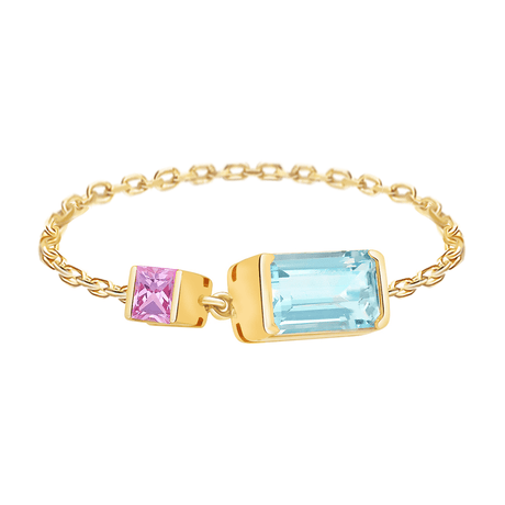 Aquamarine & Pink Sapphire Chain Ring 18k gold Stackable ring