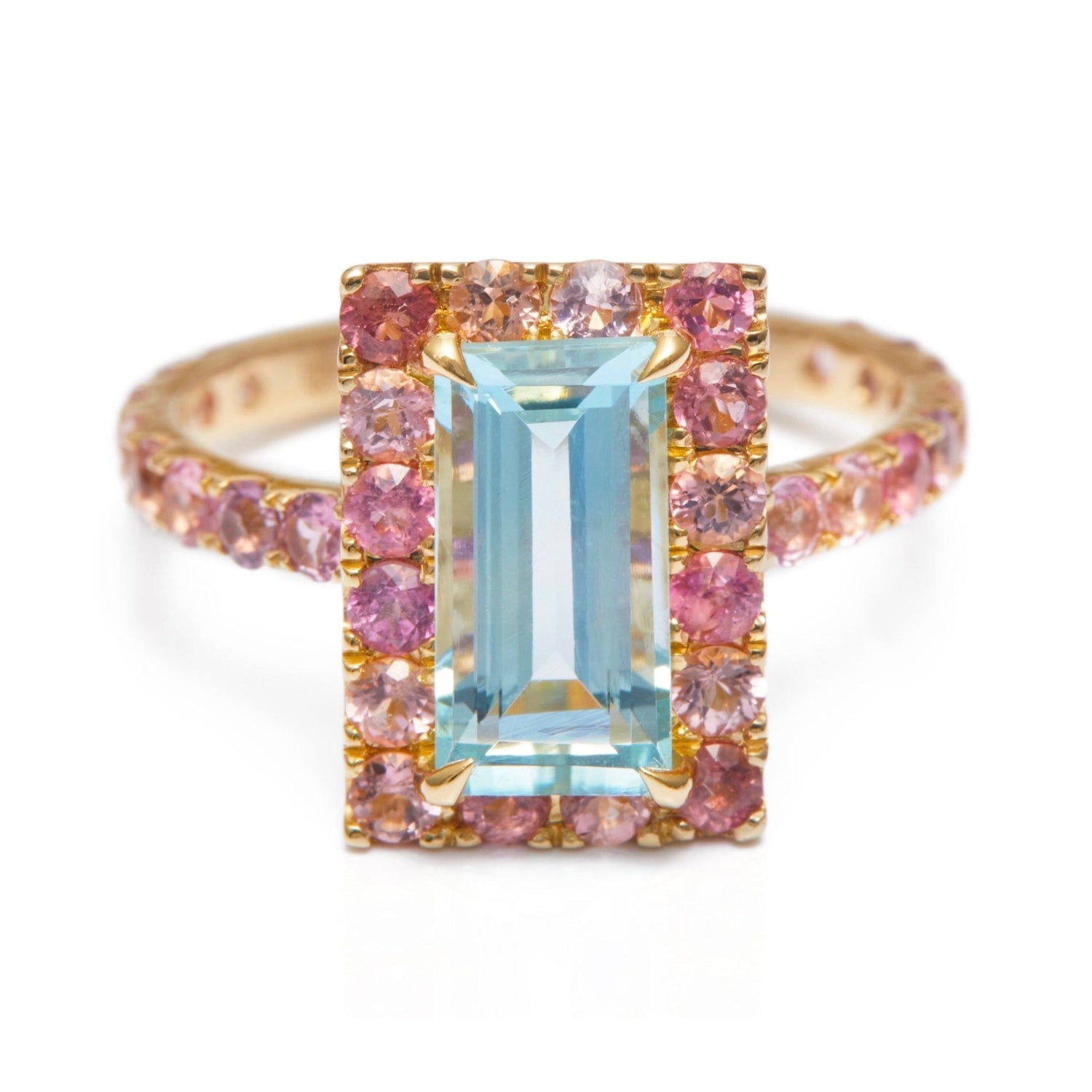 Aquamarine & Pink Tourmaline Candy Ring 18k gold stackable ring