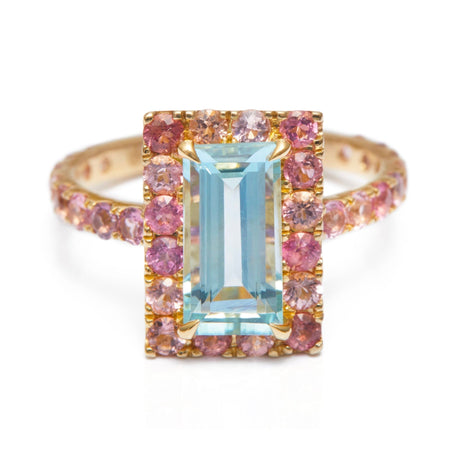 Aquamarine & Pink Tourmaline Candy Ring 18k gold stackable ring