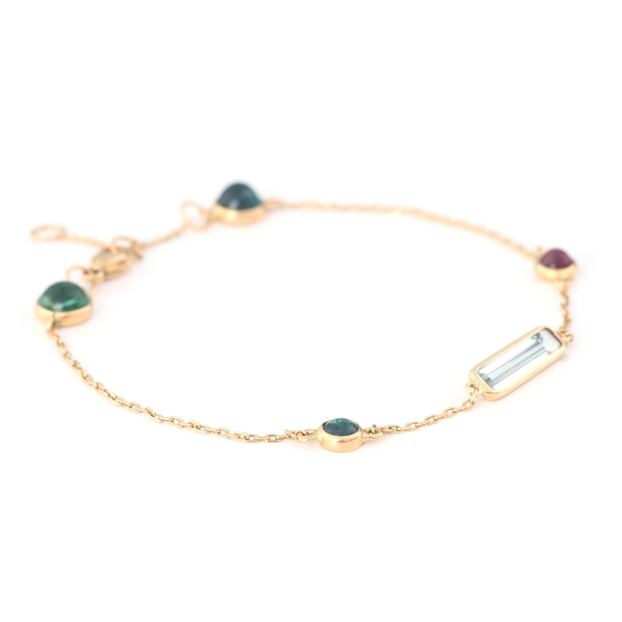 Aquamarine & Pink and Green Tourmaline Candy Bracelet 18k gold Stackable design side view