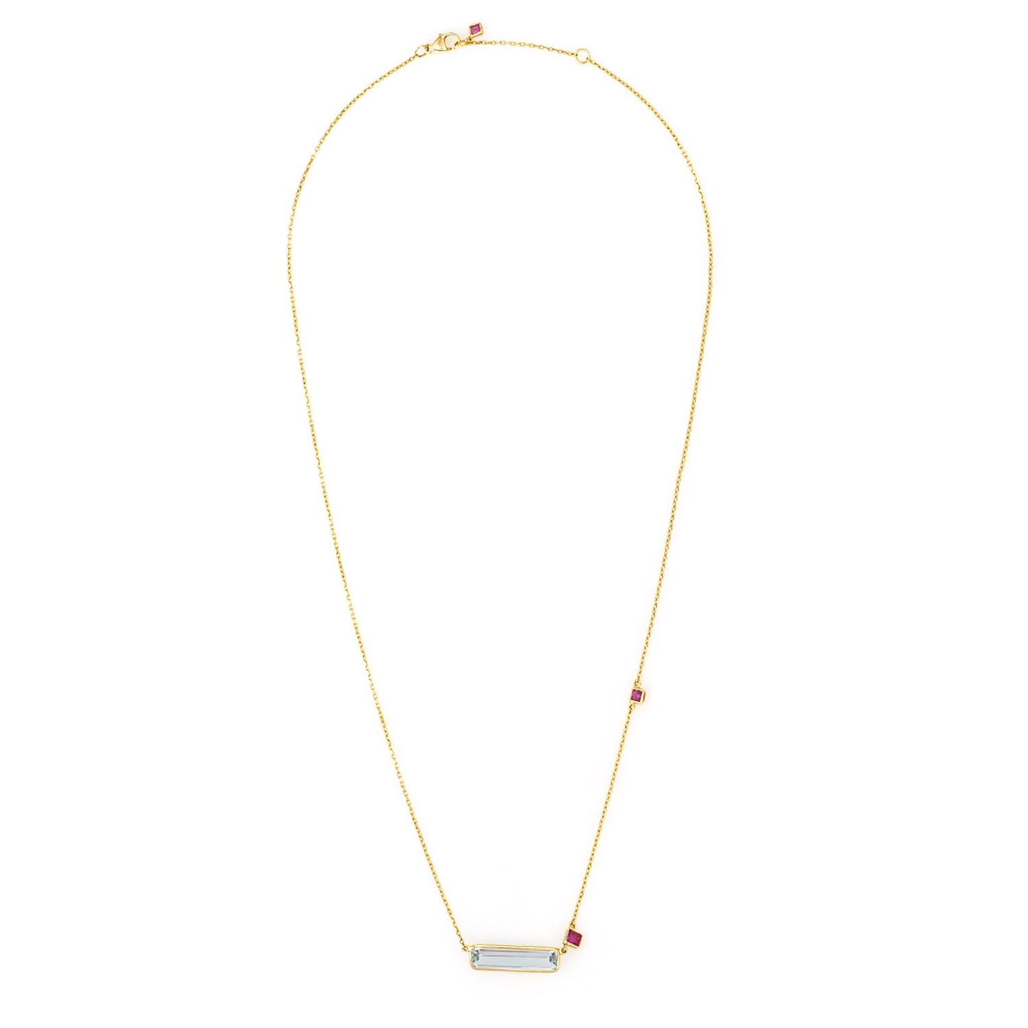 Aquamarine & Ruby Bar Necklace 18k handmade fine jewelry
