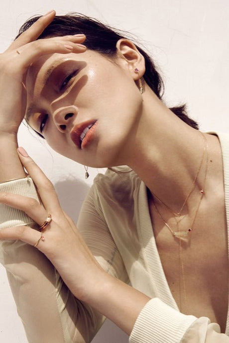 Aquamarine & Ruby Bar handmade Necklace in 18k gold on model