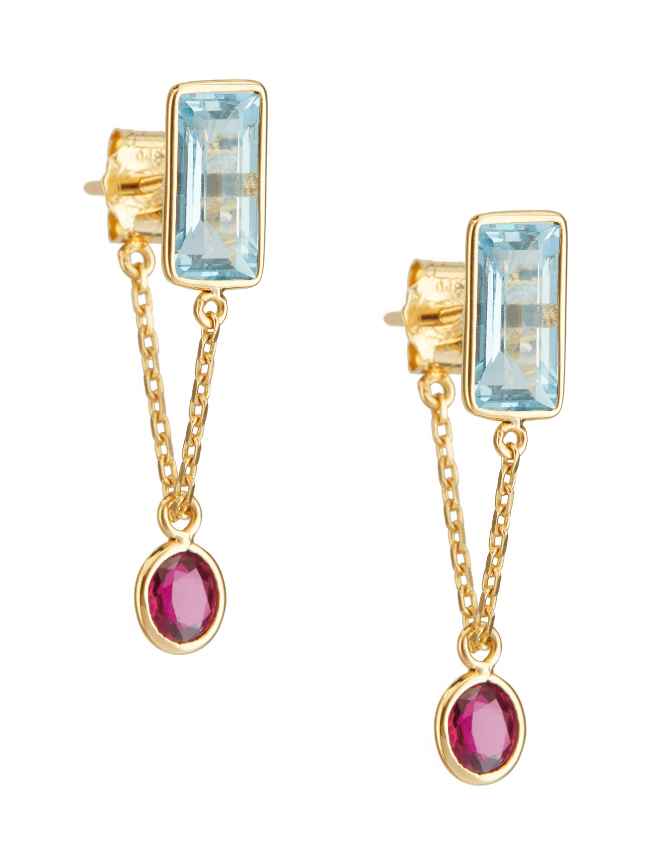Aquamarine & Ruby Chain Earrings 18K Gold Handmade Fine Jewelry