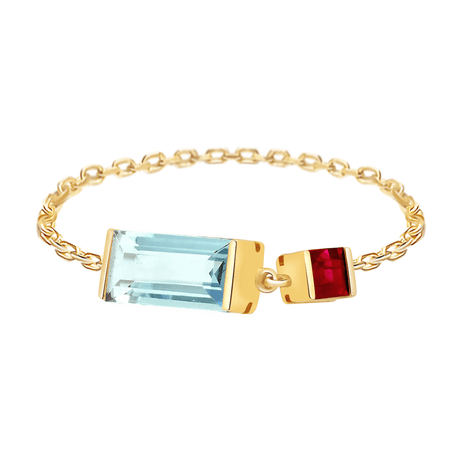 Aquamarine & Ruby Chain Ring 18k gold Stackable ring