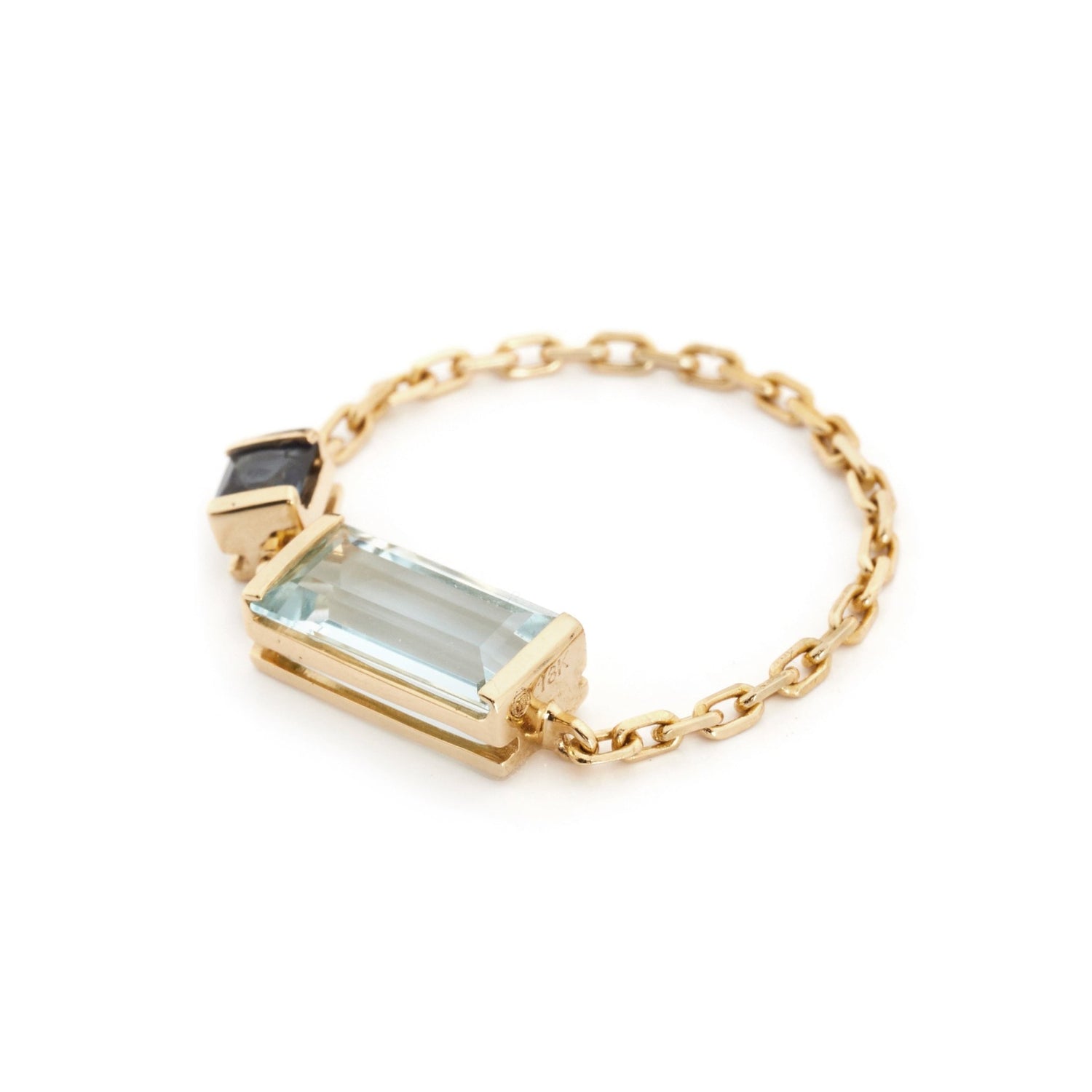 Aquamarine & Sapphire Chain Ring 18k gold Stackable ring side view