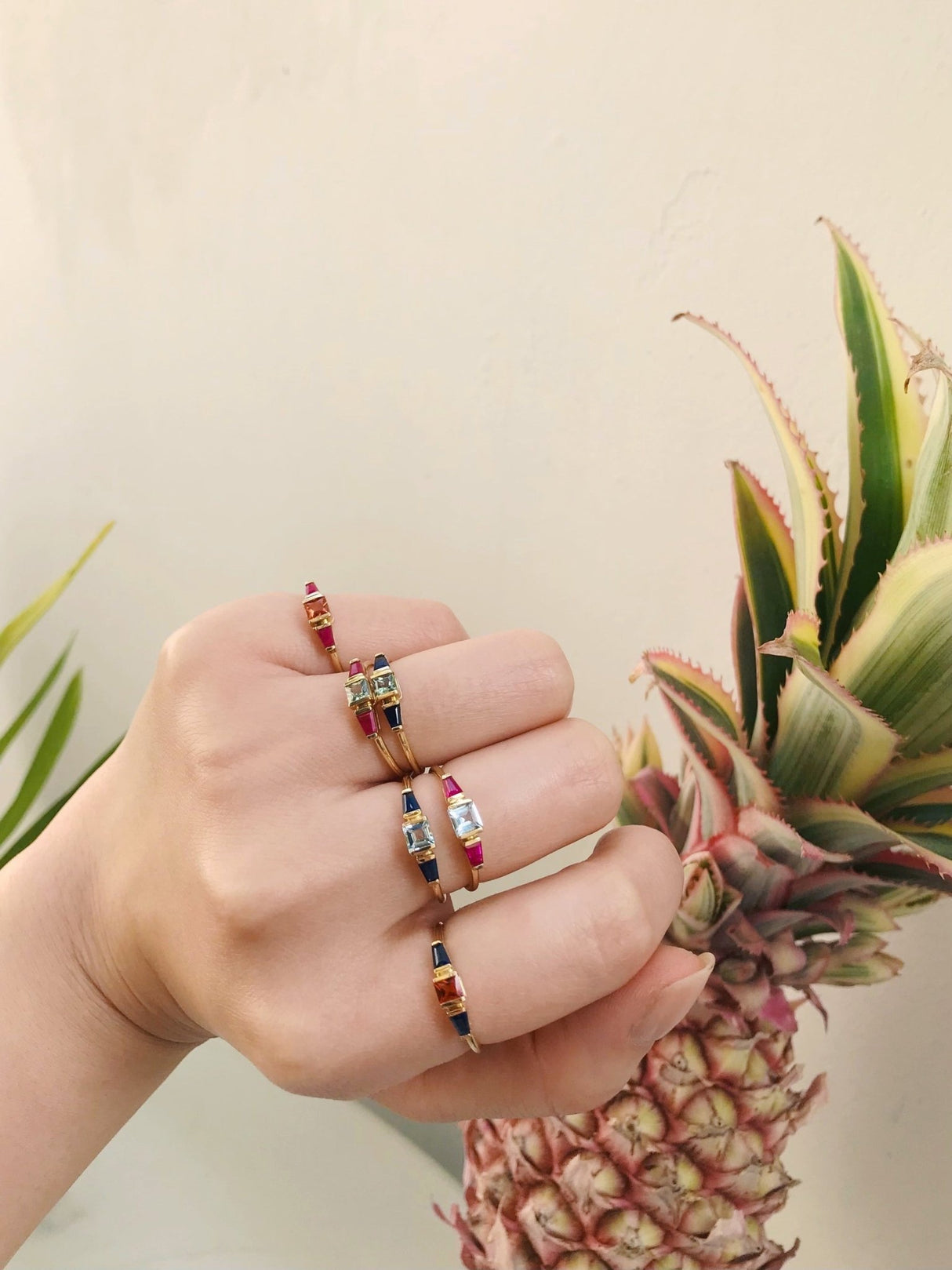 Aquamarine & Sapphire Triplet Ring 18k gold stackable ring on model 3