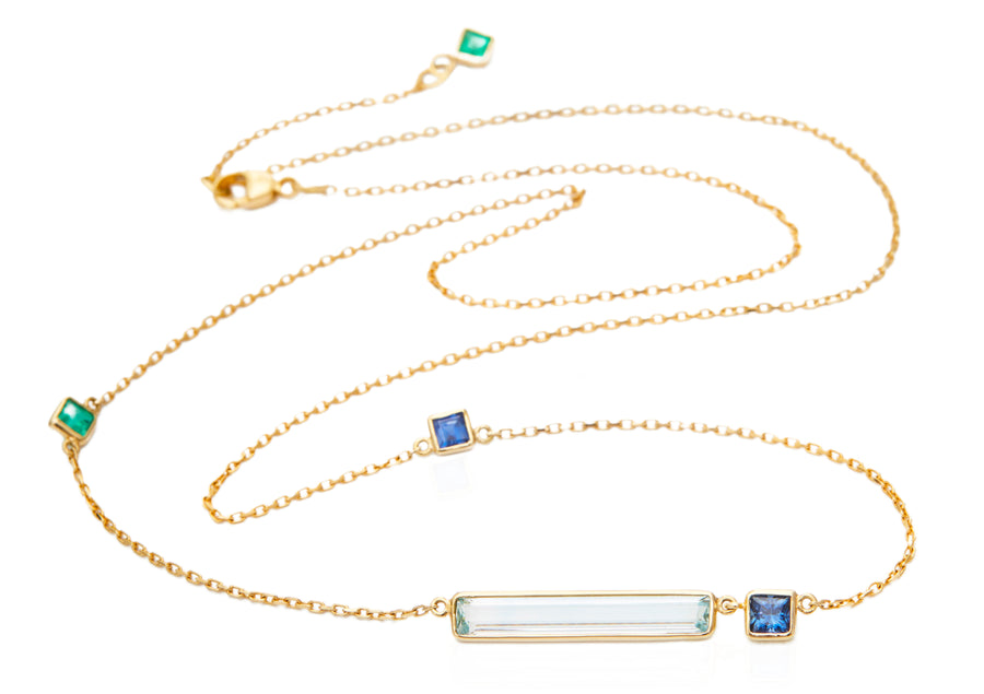 Aquamarine With Emerald & Sapphire Bar Necklace