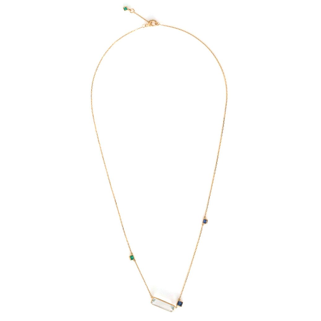 Aquamarine With Emerald & Sapphire Bar Necklace 18k handmade fine jewelry